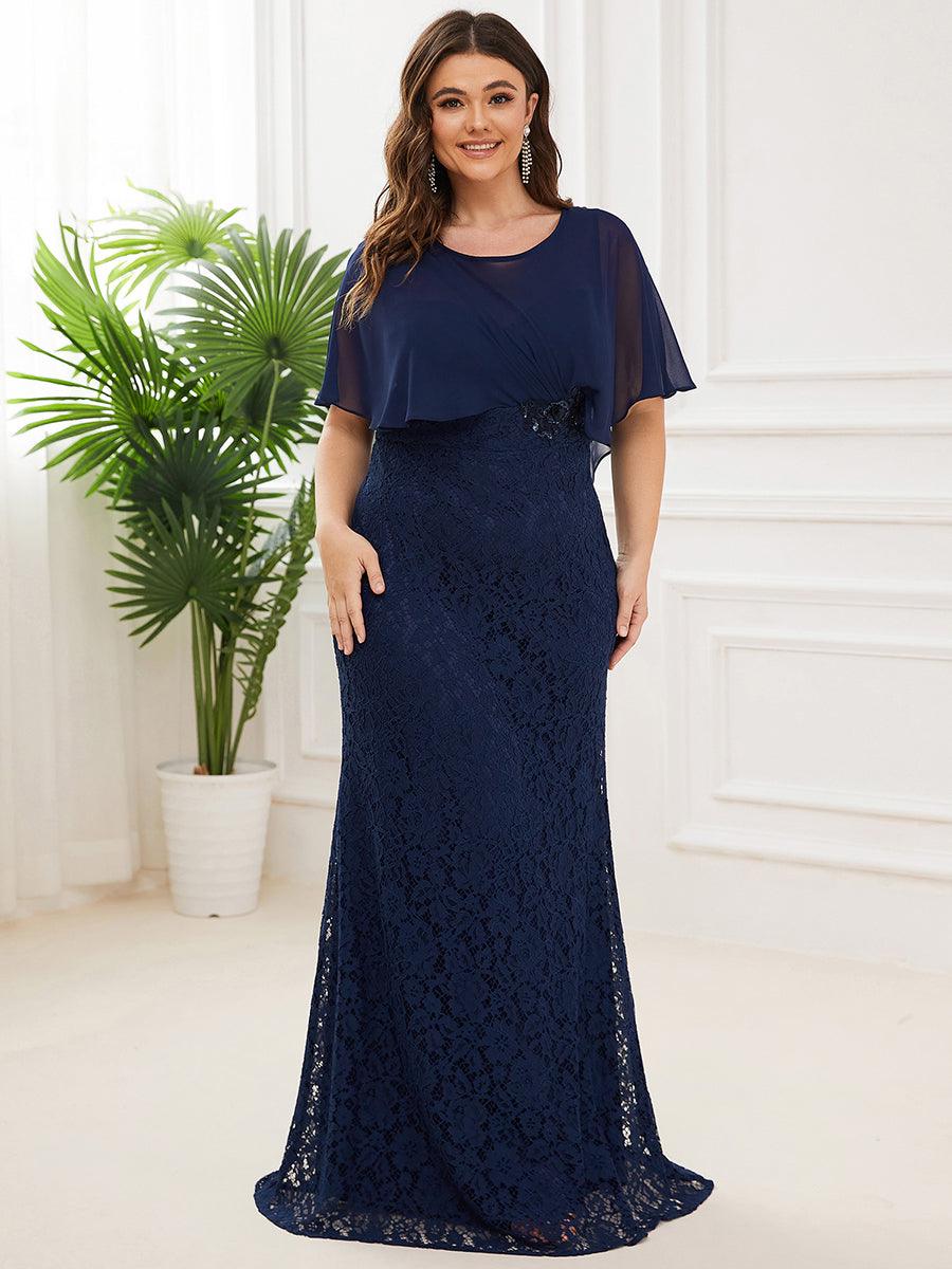 Robe de Mère de Mariée Ajustée et Évasée en Dentelle Capelet de Grande Taille #Couleur_Bleu Marine