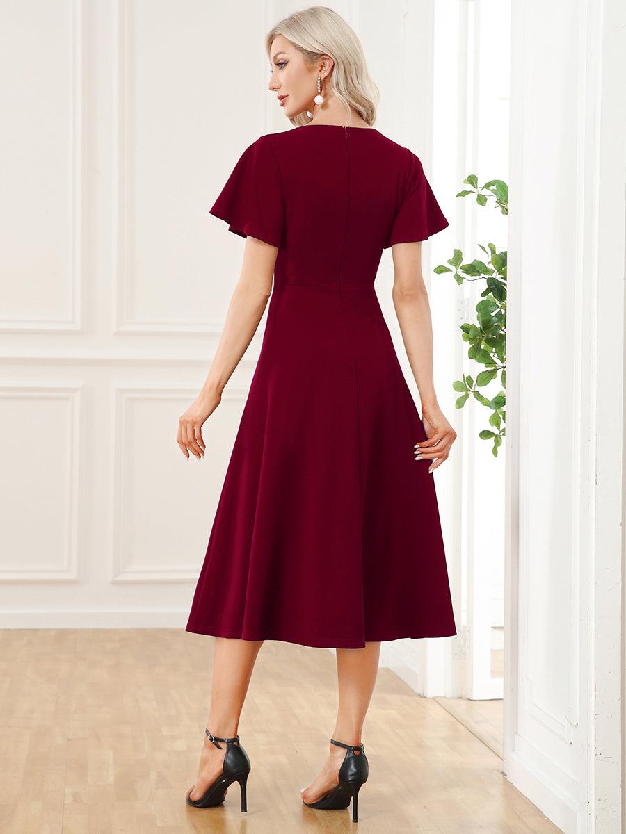 Robe Mère de la Mariée mi-longue à encolure en V et manches courtes #Couleur_Bordeaux