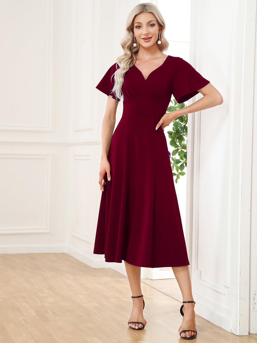 Robe Mère de la Mariée mi-longue à encolure en V et manches courtes #Couleur_Bordeaux