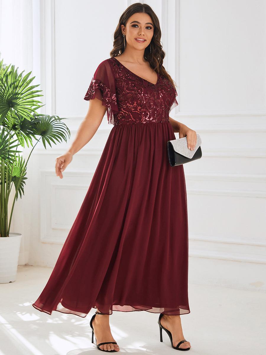 Robe Mère de la Mariée Col en V Manches Courtes Corsage à Paillettes Grande Taille #Couleur_Bordeaux