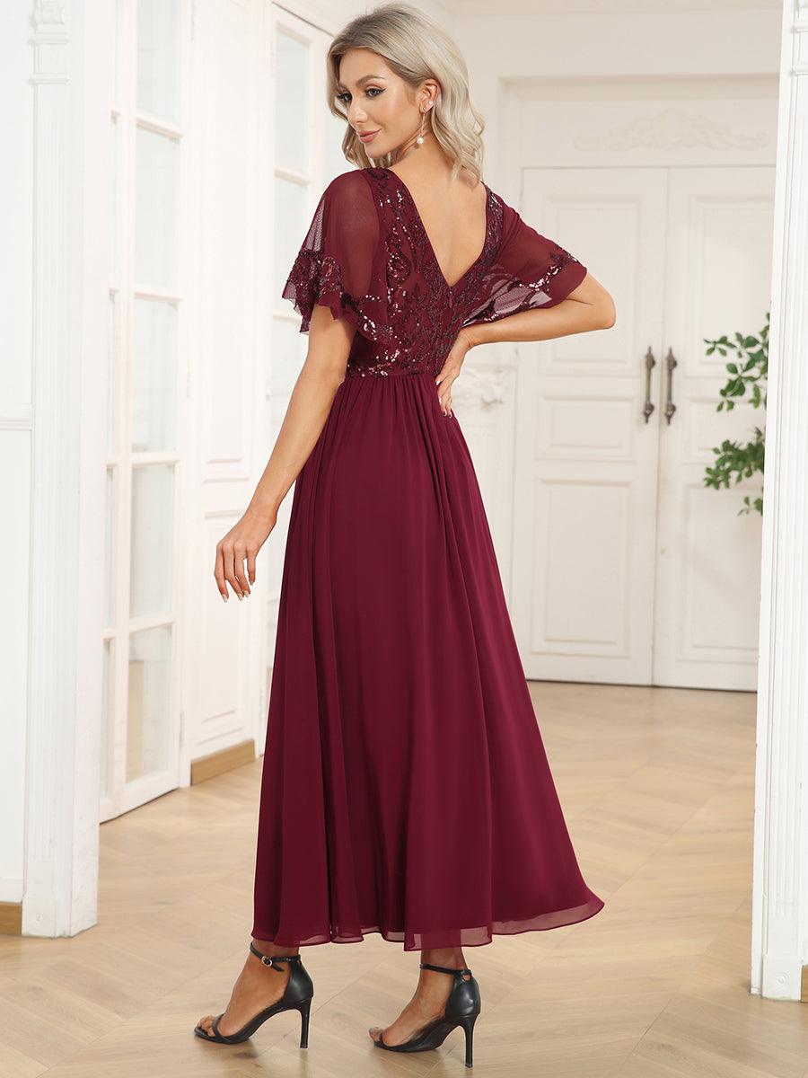 Robe Mère de la Mariée en mousseline à manches courtes et encolure en V #Couleur_Bordeaux