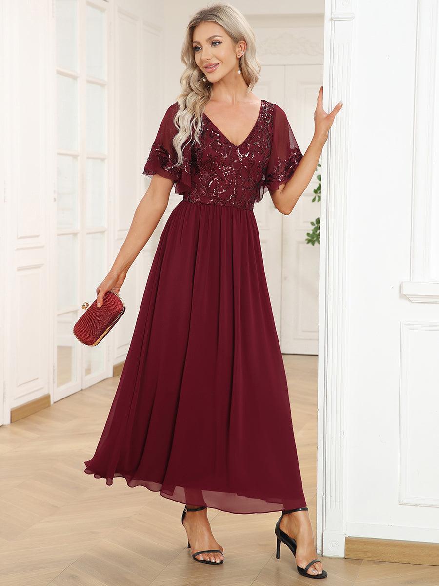 Robe Mère de la Mariée en mousseline à manches courtes et encolure en V #Couleur_Bordeaux