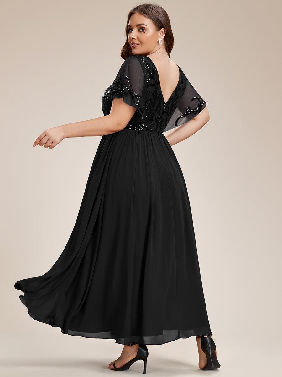 Robe Mère de la Mariée en mousseline à manches courtes et encolure en V #Couleur_Noir