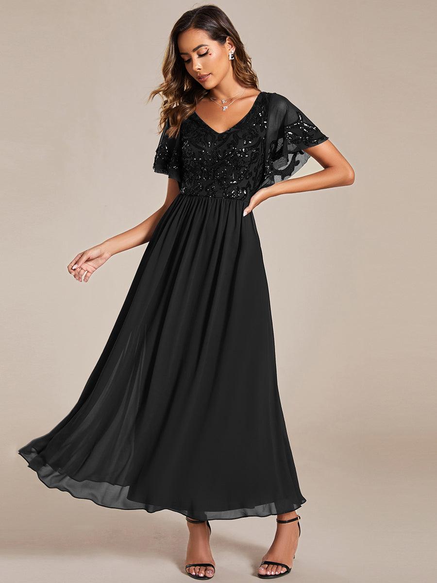Robe Mère de la Mariée en mousseline à manches courtes et encolure en V #Couleur_Noir