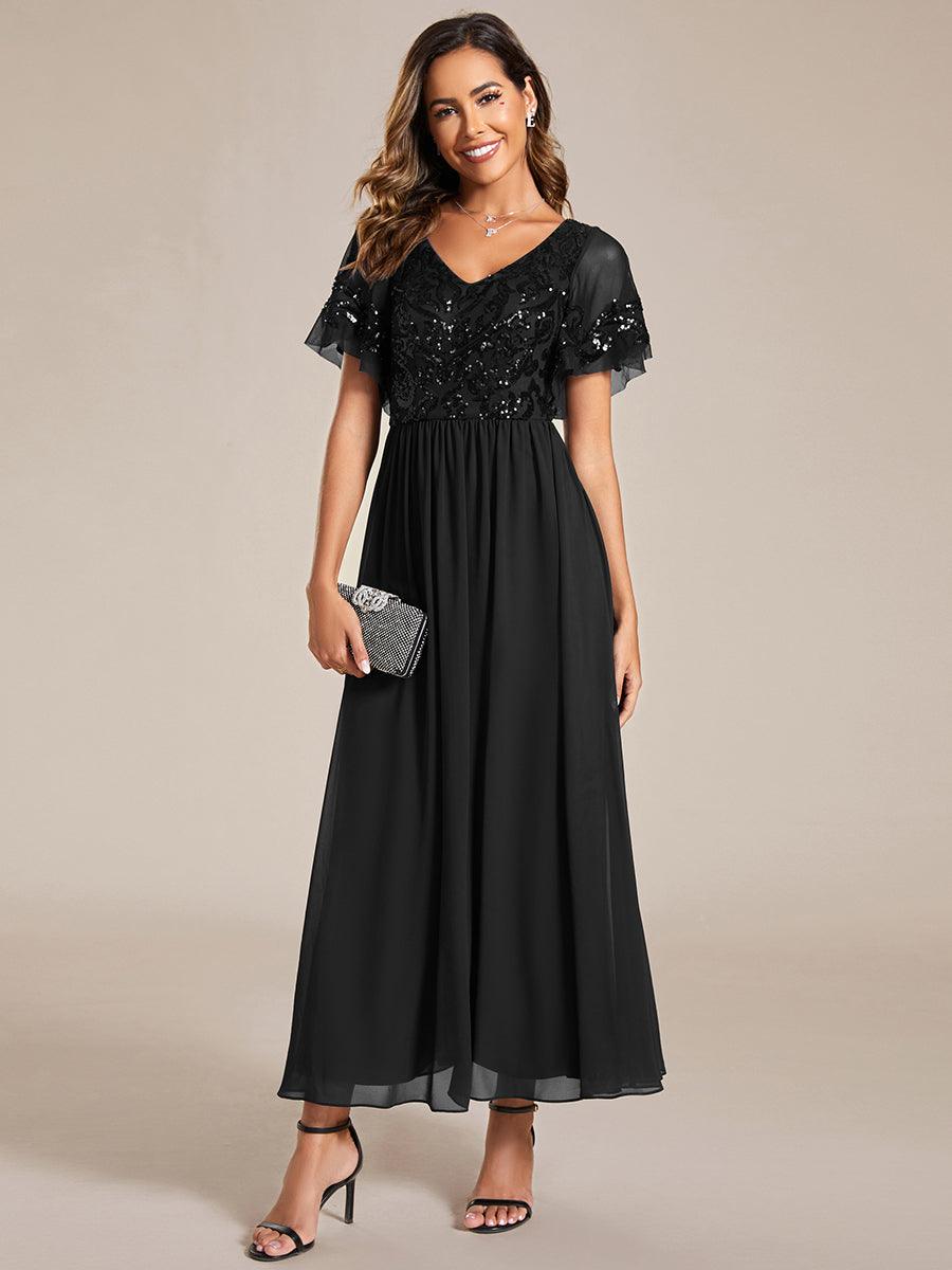 Robe Mère de la Mariée en mousseline à manches courtes et encolure en V #Couleur_Noir
