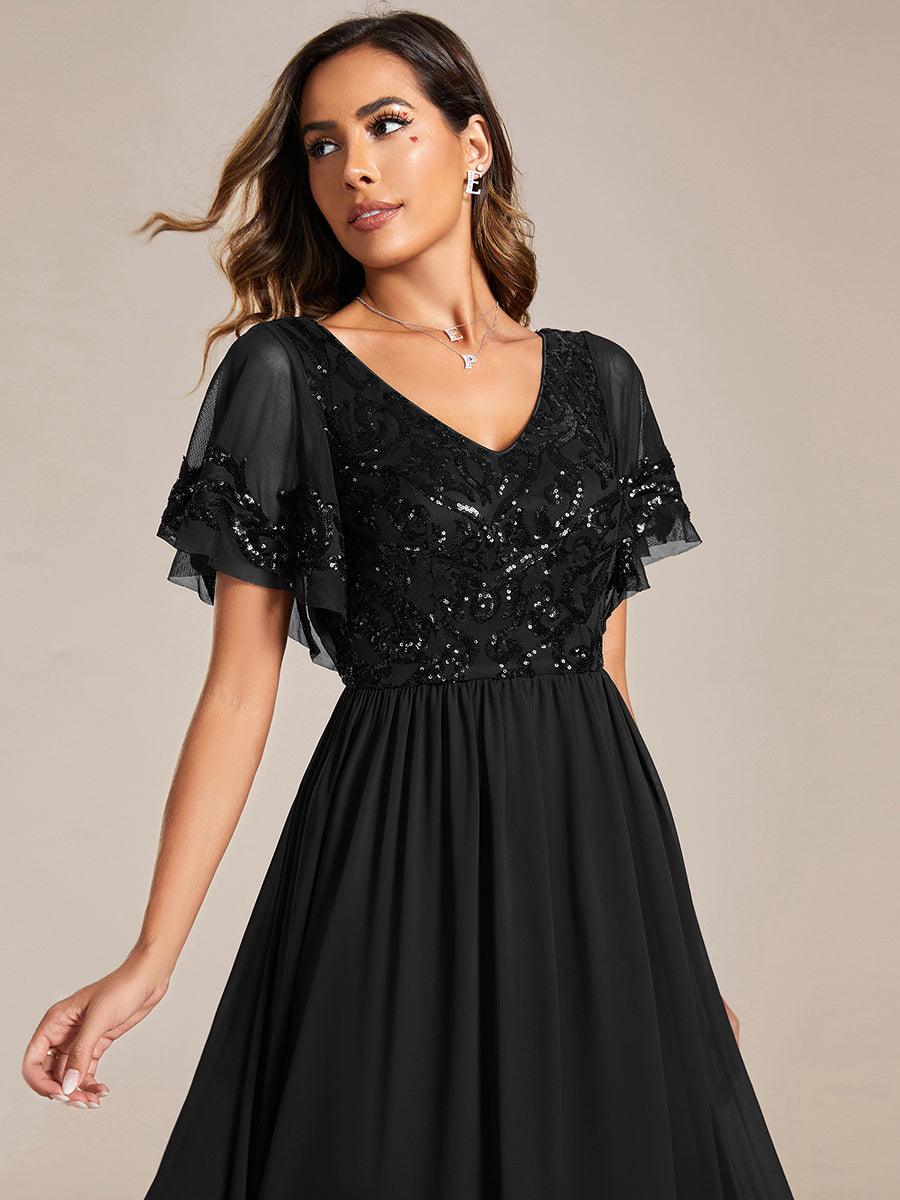 Robe Mère de la Mariée en mousseline à manches courtes et encolure en V #Couleur_Noir