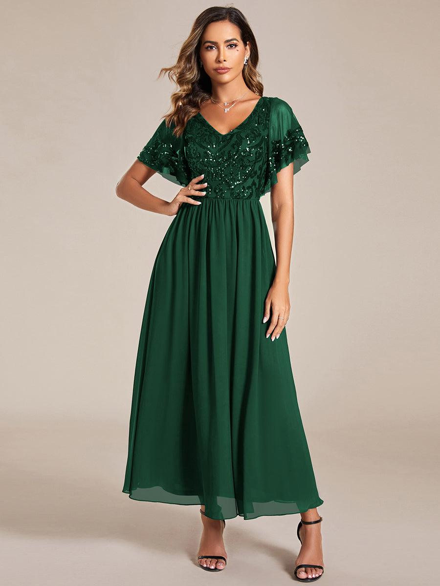 Robe Mère de la Mariée en mousseline à manches courtes et encolure en V #Couleur_Vert Fonce