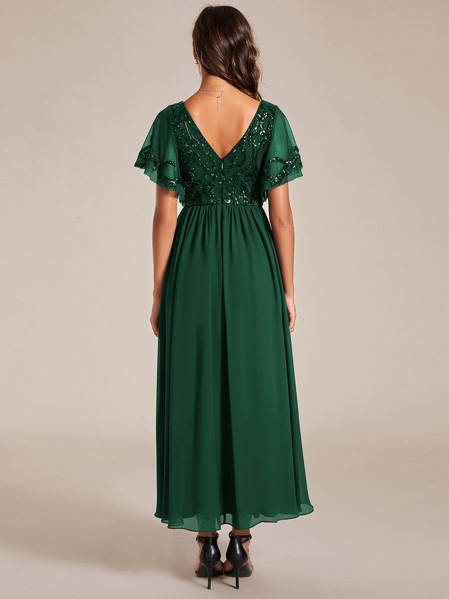 Robe Mère de la Mariée en mousseline à manches courtes et encolure en V #Couleur_Vert Fonce