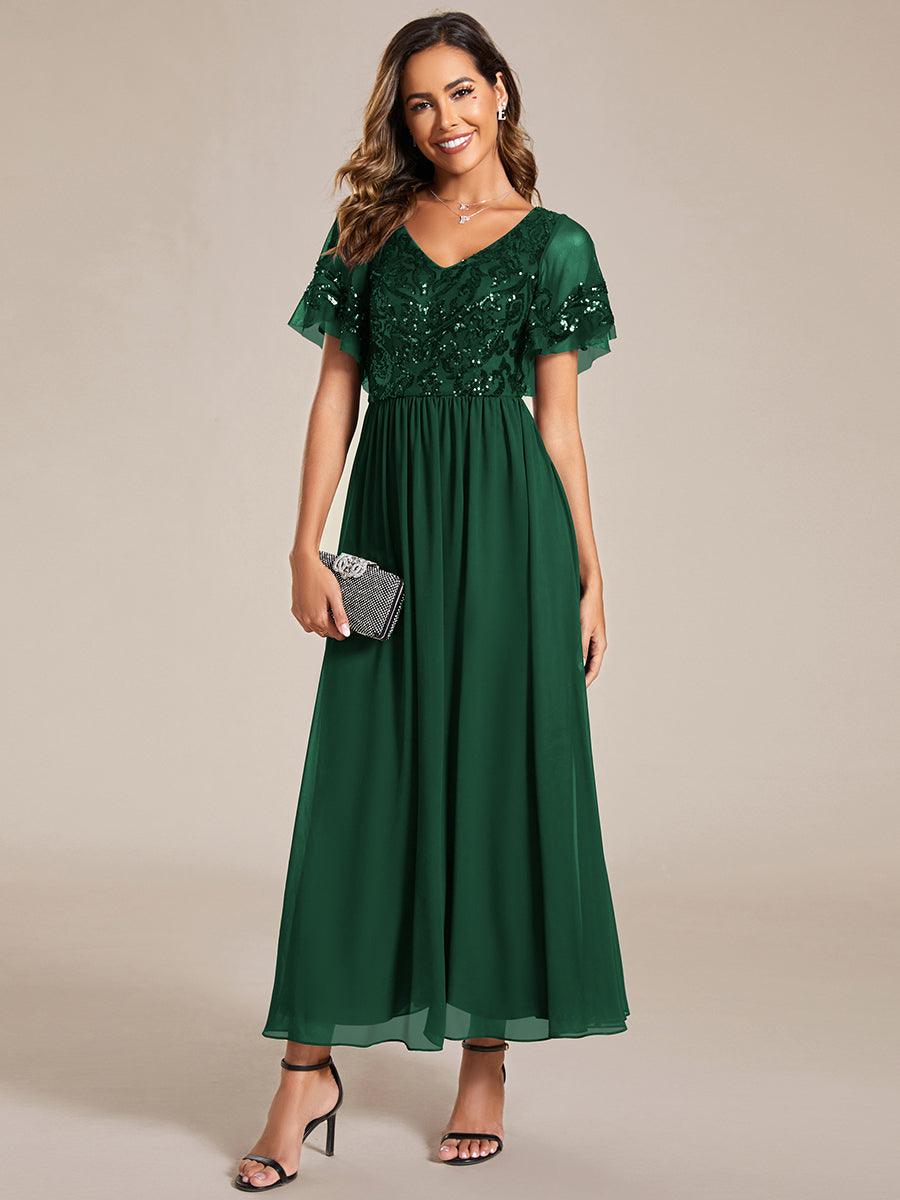 Robe Mère de la Mariée en mousseline à manches courtes et encolure en V #Couleur_Vert Fonce