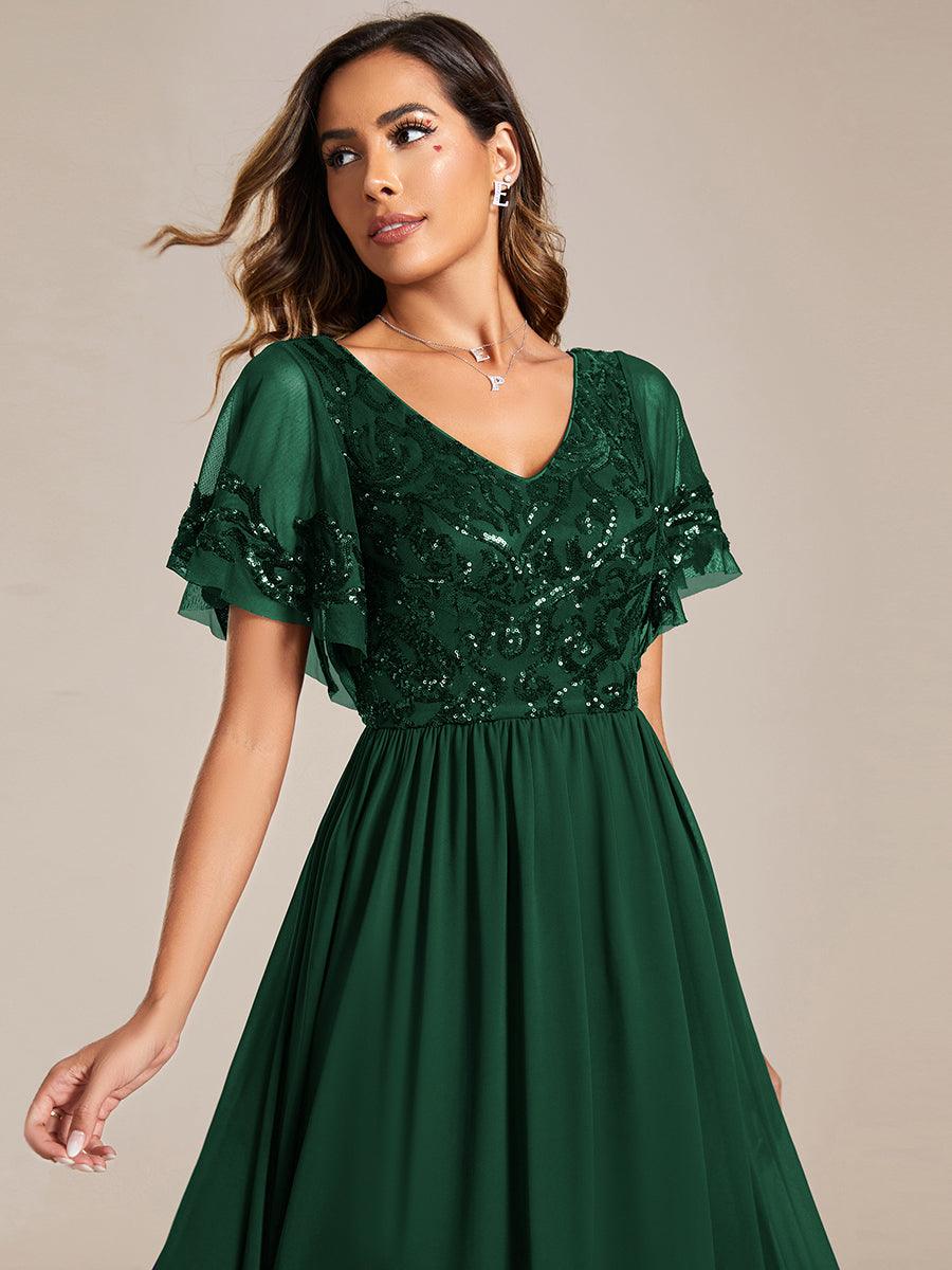 Robe Mère de la Mariée en mousseline à manches courtes et encolure en V #Couleur_Vert Fonce