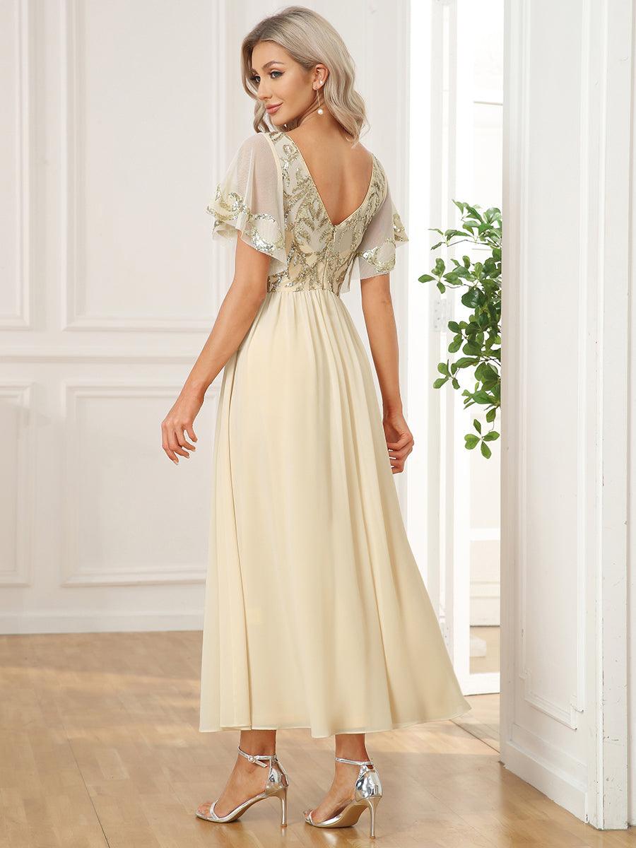 Robe Mère de la Mariée en mousseline à manches courtes et encolure en V #Couleur_Or