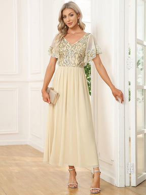 Robe Mère de la Mariée en mousseline à manches courtes et encolure en V