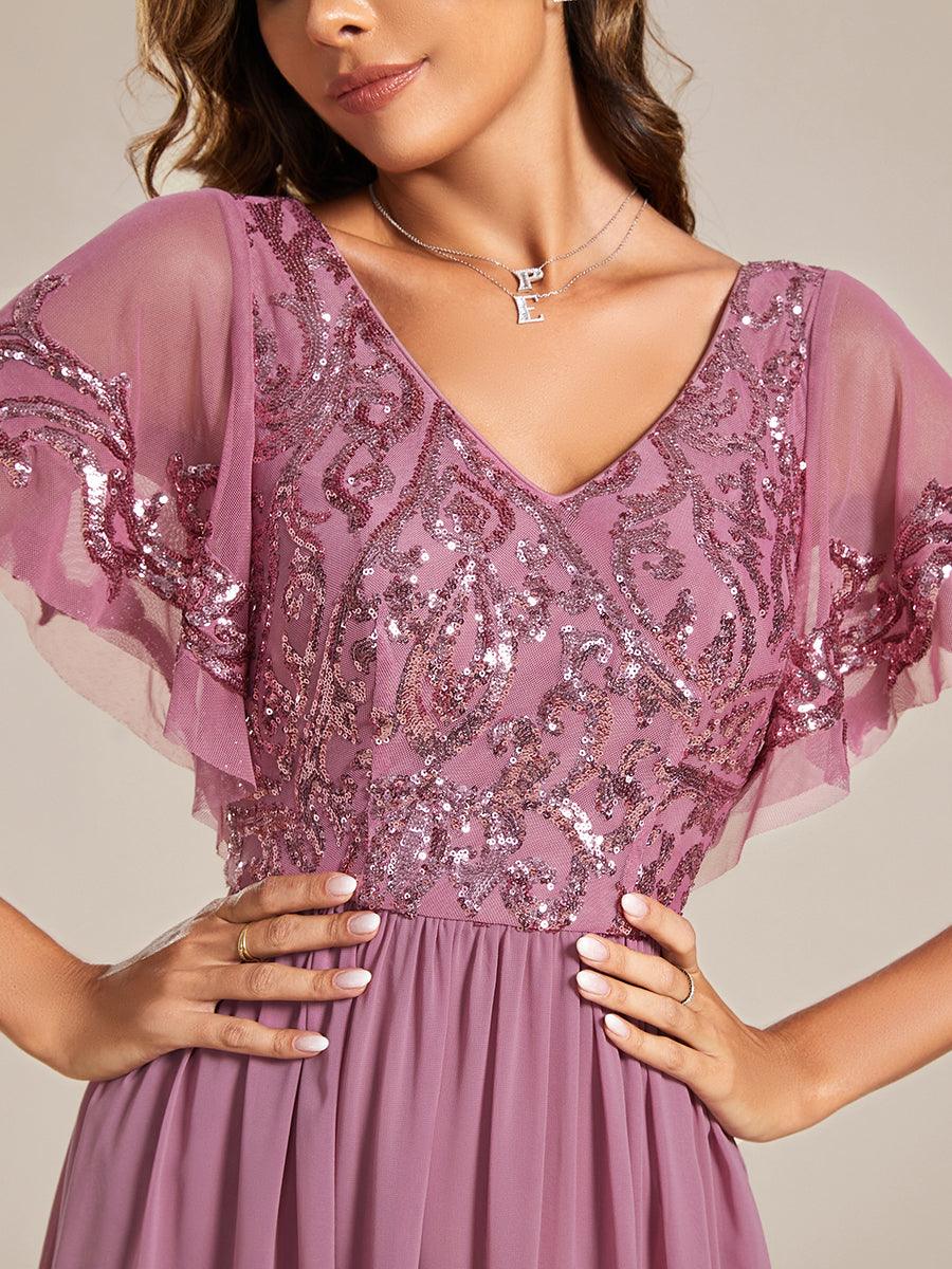 Robe Mère de la Mariée en mousseline à manches courtes et encolure en V #Couleur_Orchidee