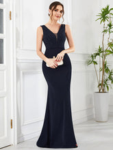 Robe mère de la mariée à col en V profond sans manches et colonne perlée #Couleur_Bleu Marine