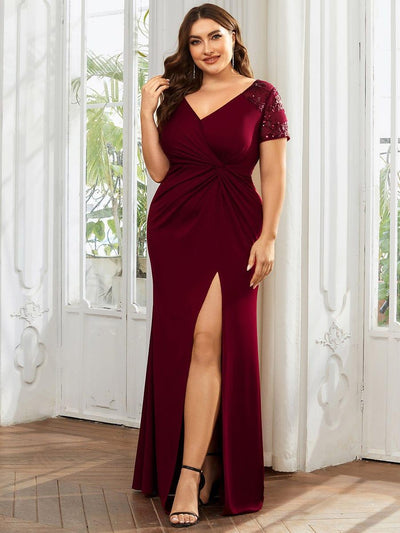 pretty GILDED|Robe Mère de la mariée Manches courtes Encolure V profonde Fente Grande Taille