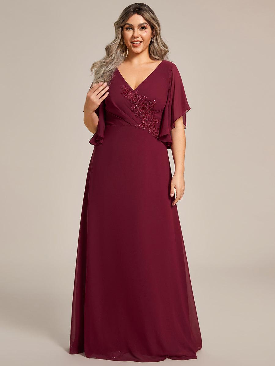 Robe de mère de la mariée en mousseline gracieuse ligne a manches à volants avec appliques grande taille #Couleur_Bordeaux