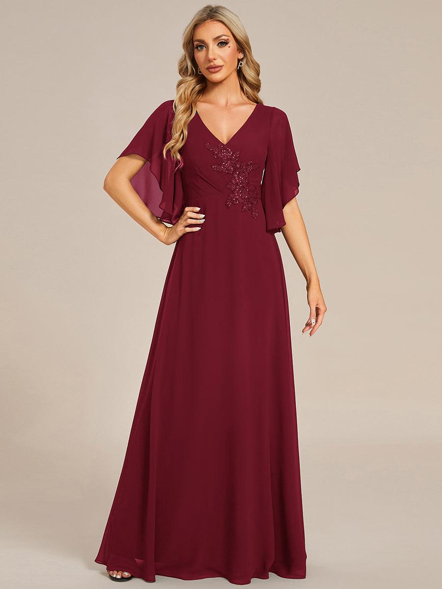 Robe mère de la mariée en mousseline de soie demi-manches décoration appliquée haut#Couleur_Bordeaux