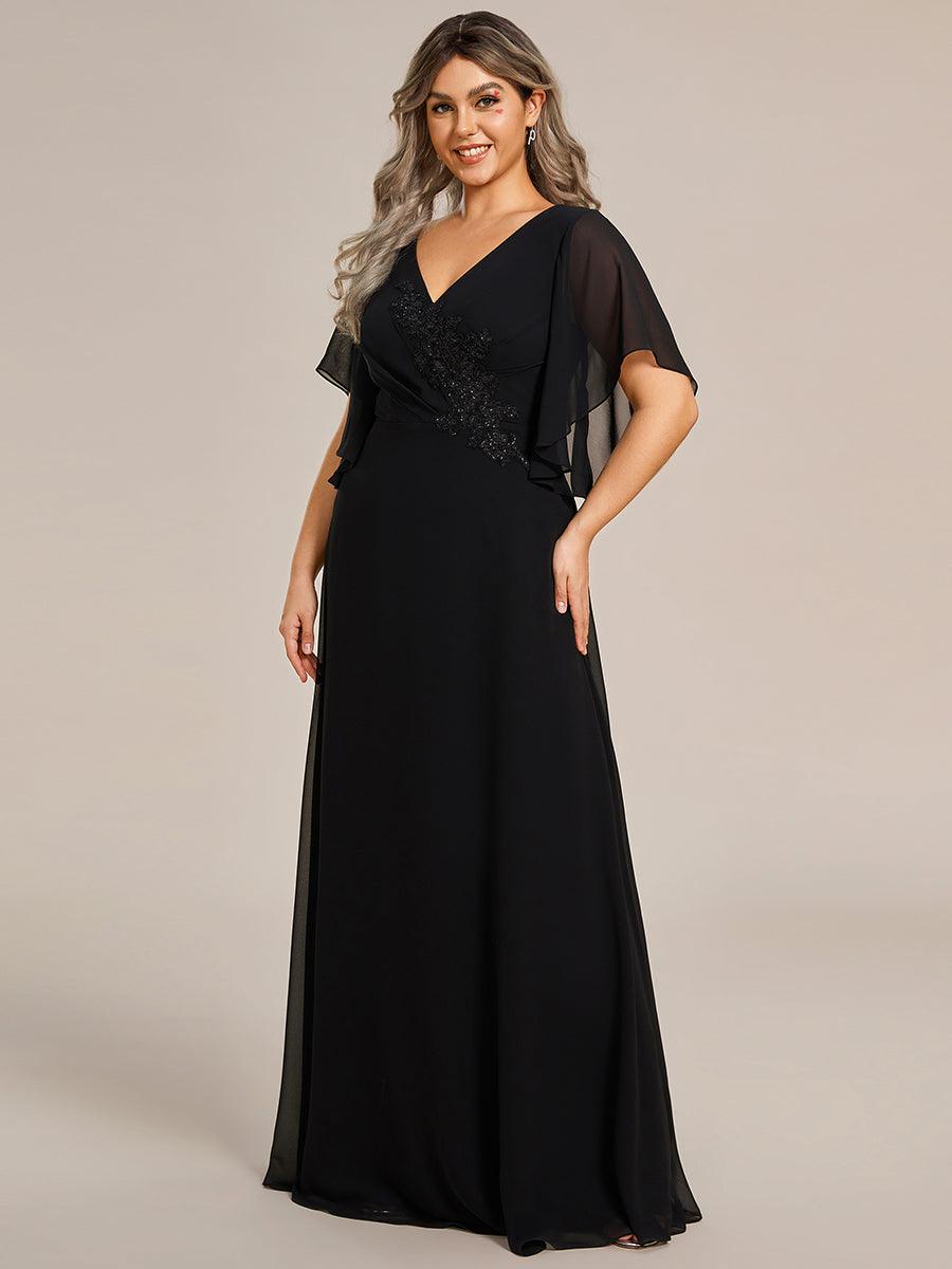 Robe de mère de la mariée en mousseline gracieuse ligne a manches à volants avec appliques grande taille #Couleur_Noir