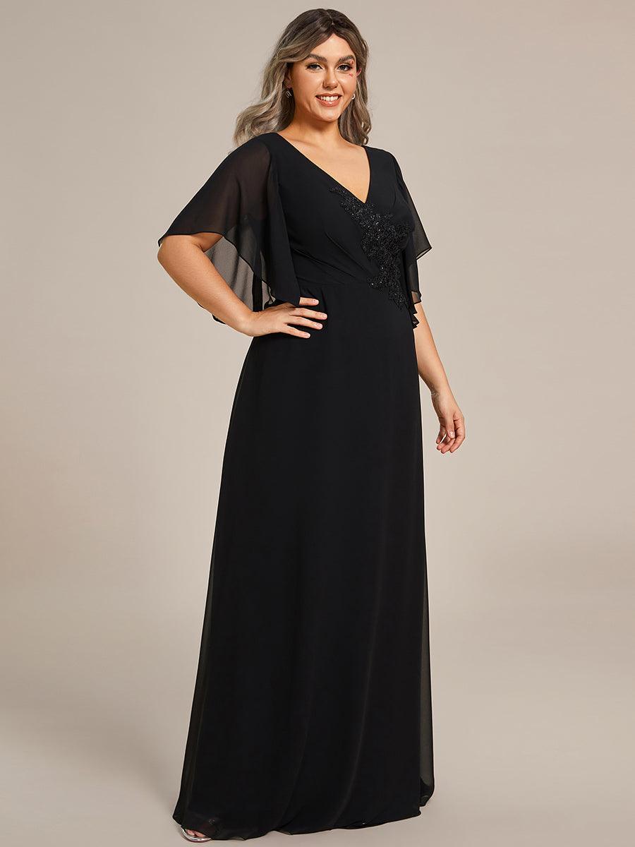 Robe de mère de la mariée en mousseline gracieuse ligne a manches à volants avec appliques grande taille #Couleur_Noir