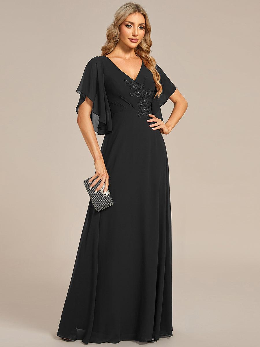 Robe mère de la mariée en mousseline de soie demi-manches décoration appliquée haut#Couleur_Noir