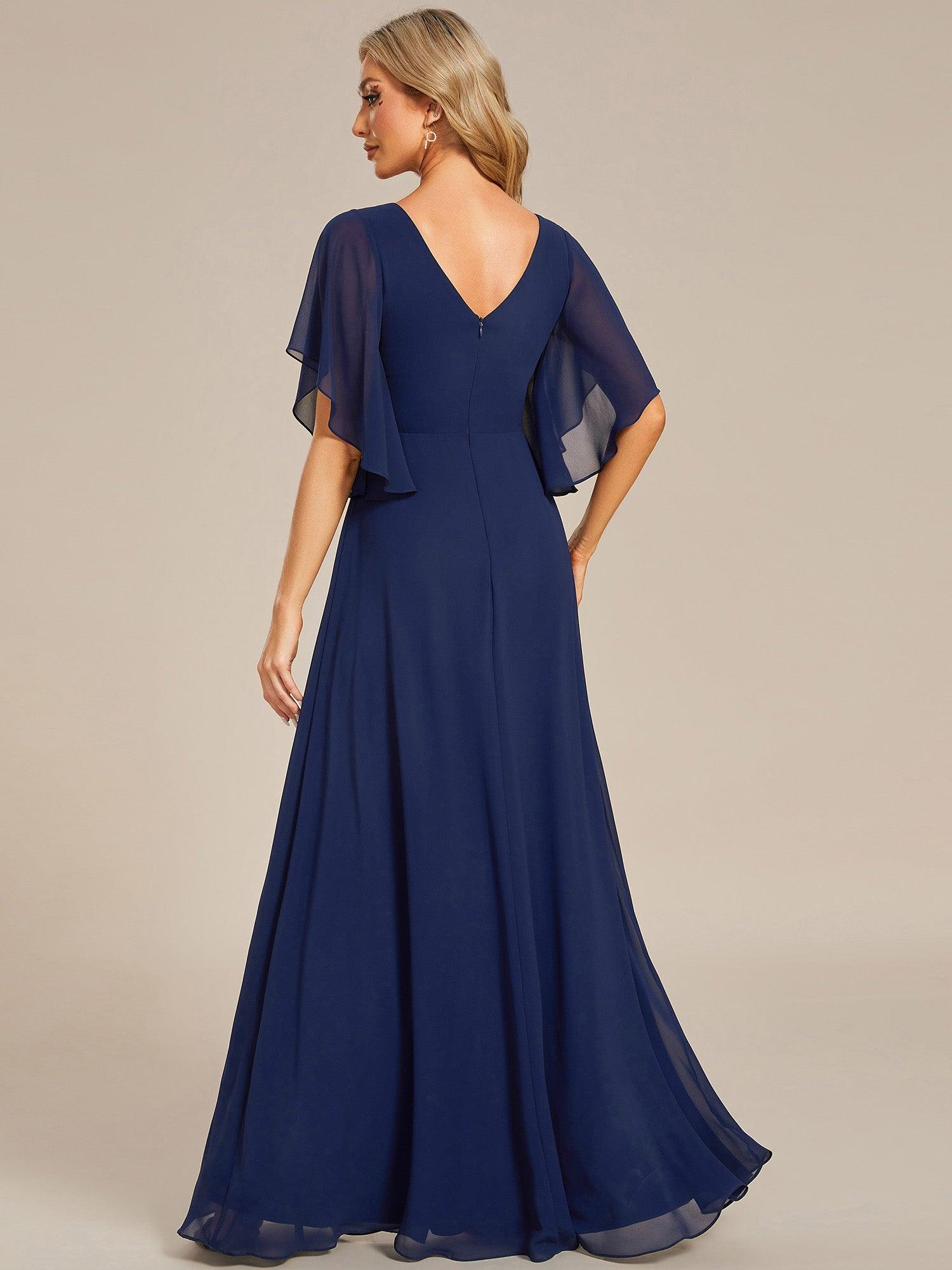 Robe mère de la mariée en mousseline de soie demi-manches décoration appliquée haut#Couleur_Bleu Marine
