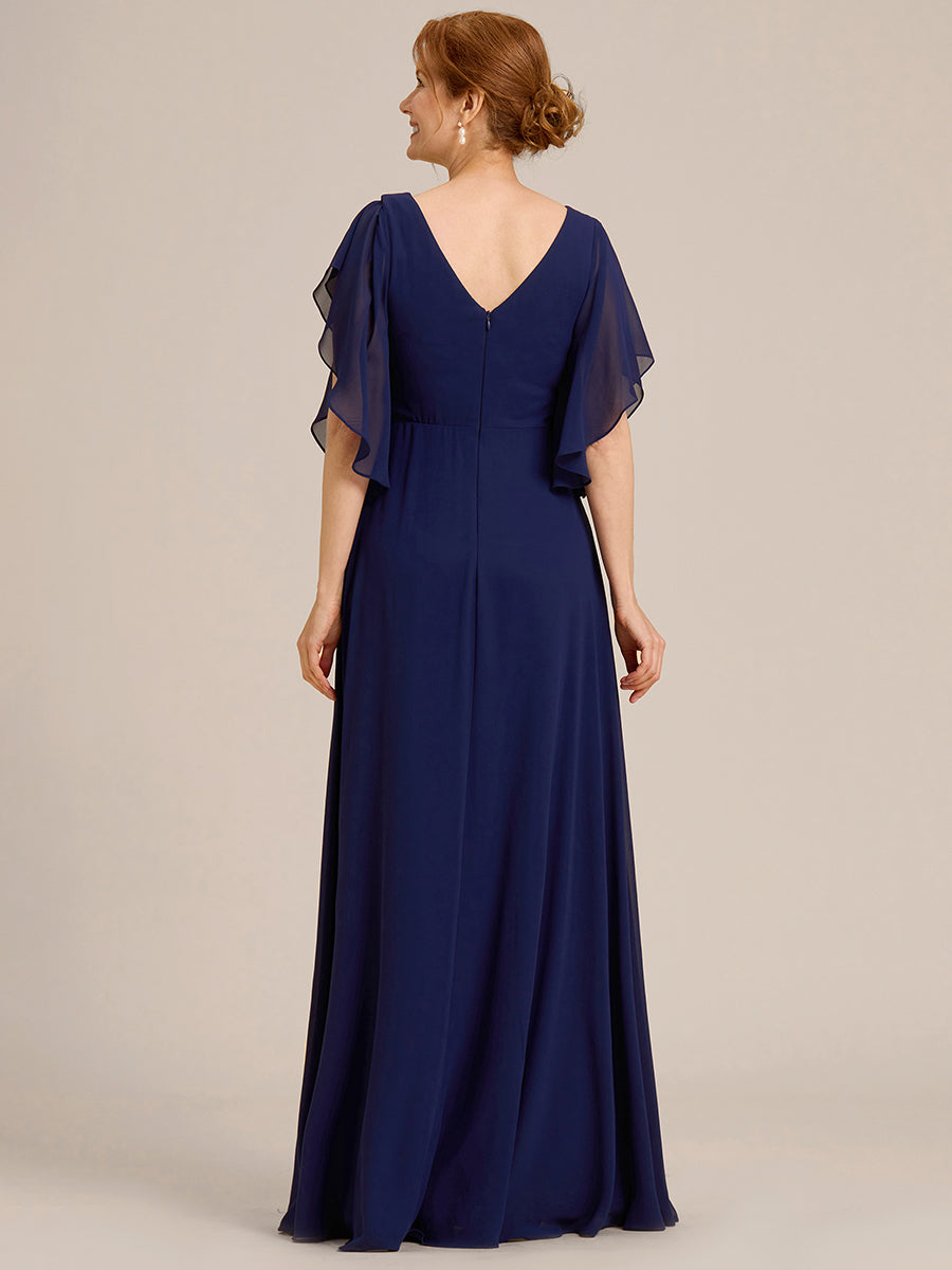 Robe mère de la mariée en mousseline de soie demi-manches décoration appliquée haut#Couleur_Bleu Marine