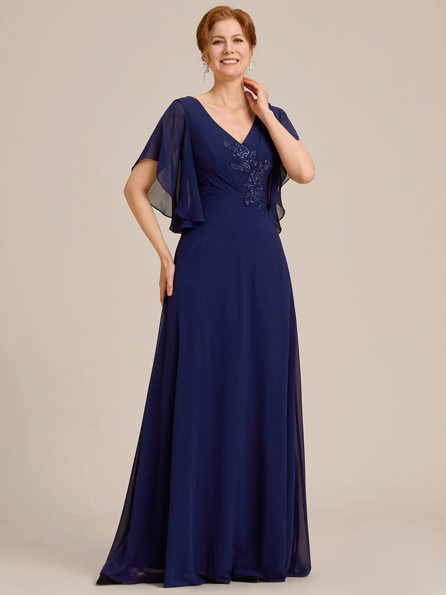 Robe mère de la mariée en mousseline de soie demi-manches décoration appliquée haut#Couleur_Bleu Marine