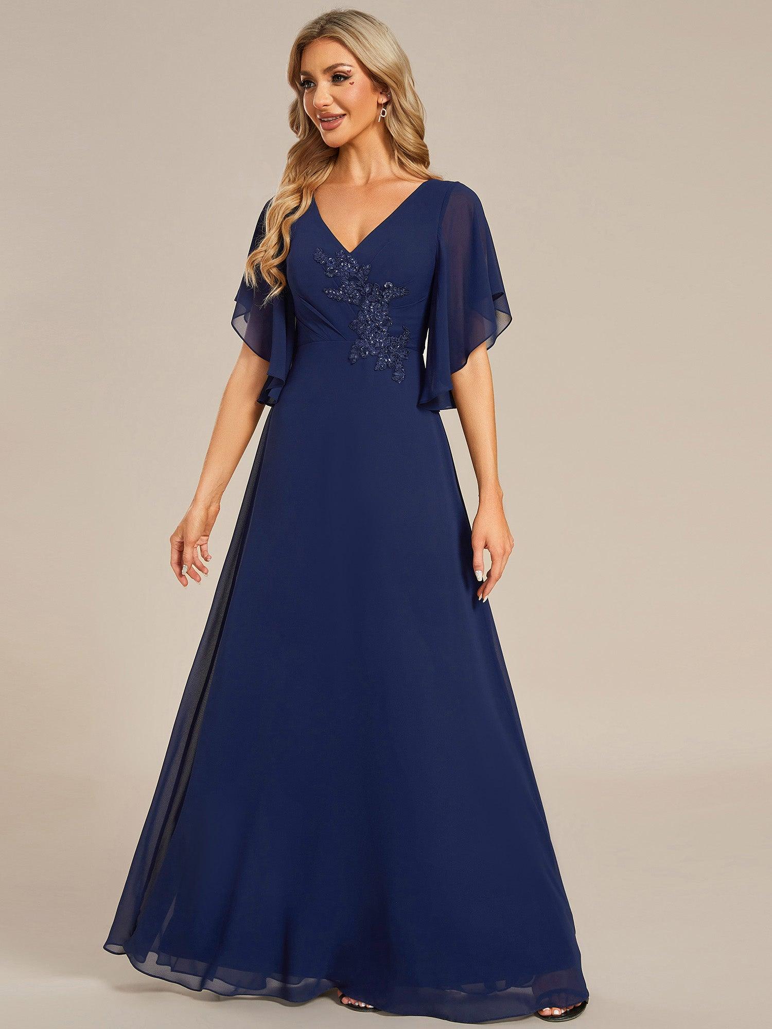Robe mère de la mariée en mousseline de soie demi-manches décoration appliquée haut#Couleur_Bleu Marine