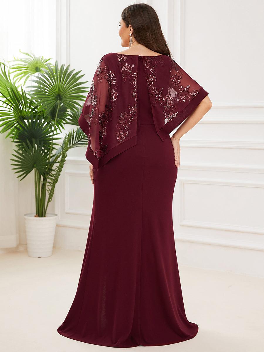 Robe de Mère de Mariée Asymétrique Cape Paillettes Grande Taille #Couleur_Bordeaux