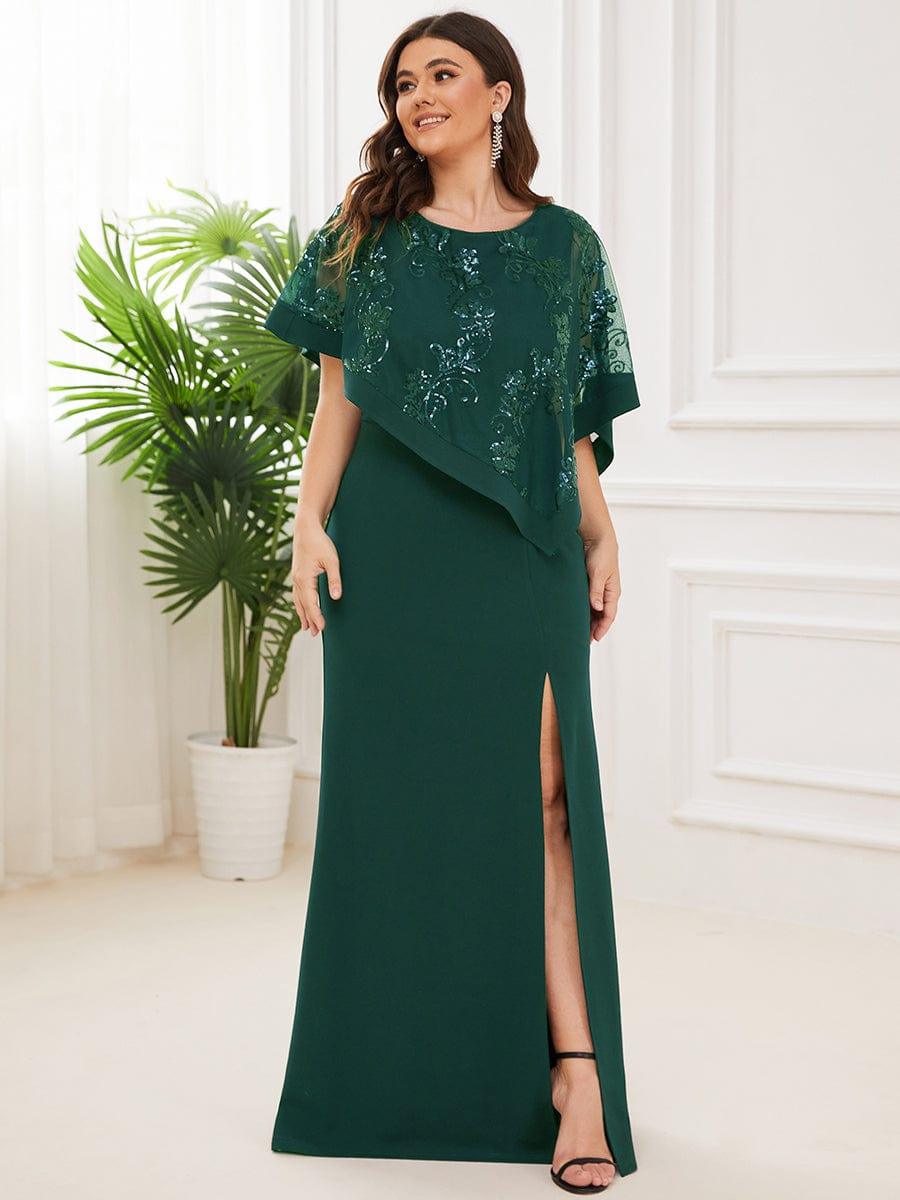 Robe de Mère de Mariée Asymétrique Cape Paillettes Grande Taille #Couleur_Vert Fonce
