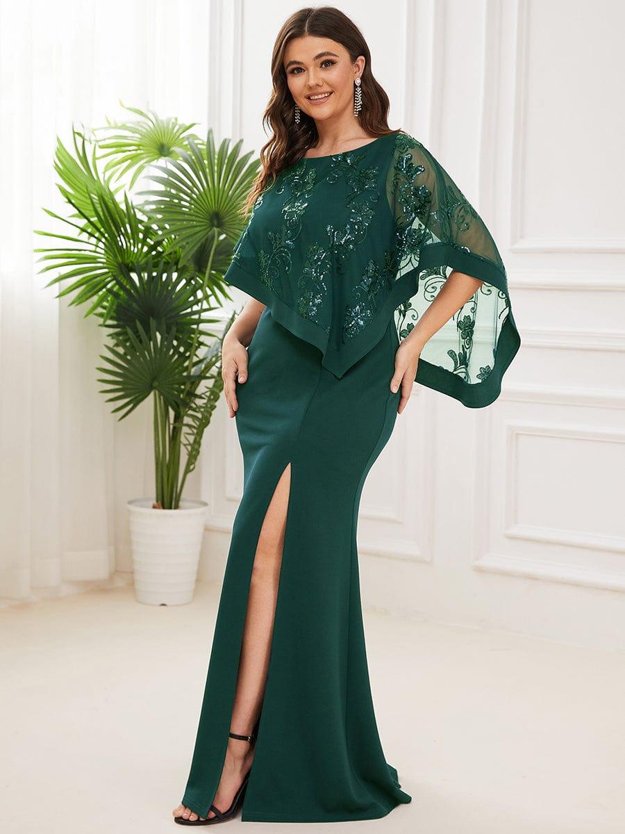 Robe de Mère de Mariée Asymétrique Cape Paillettes Grande Taille #Couleur_Vert Fonce