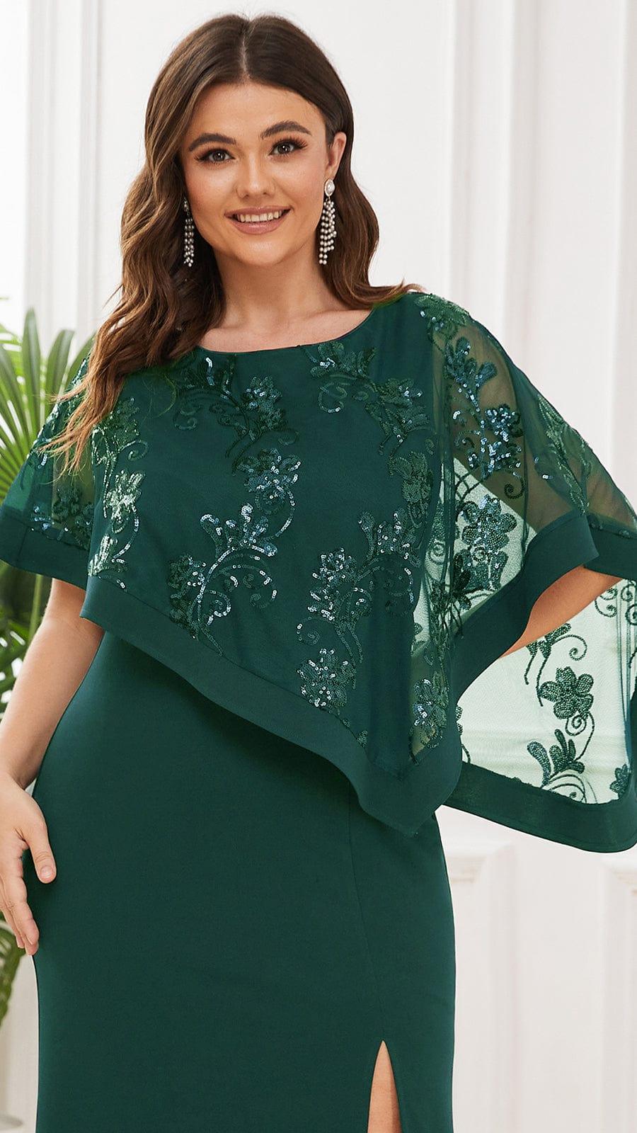 Robe de Mère de Mariée Asymétrique Cape Paillettes Grande Taille #Couleur_Vert Fonce
