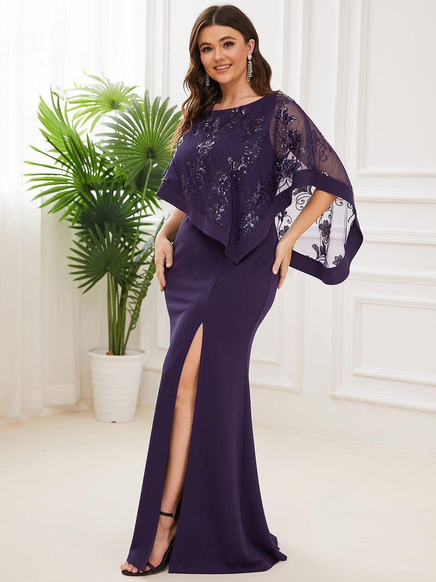 Robe de Mère de Mariée Asymétrique Cape Paillettes Grande Taille #Couleur_Violet Fonce