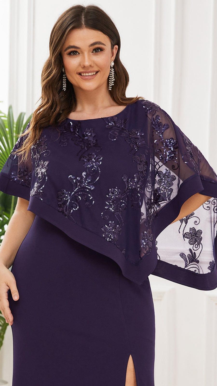 Robe de Mère de Mariée Asymétrique Cape Paillettes Grande Taille #Couleur_Violet Fonce