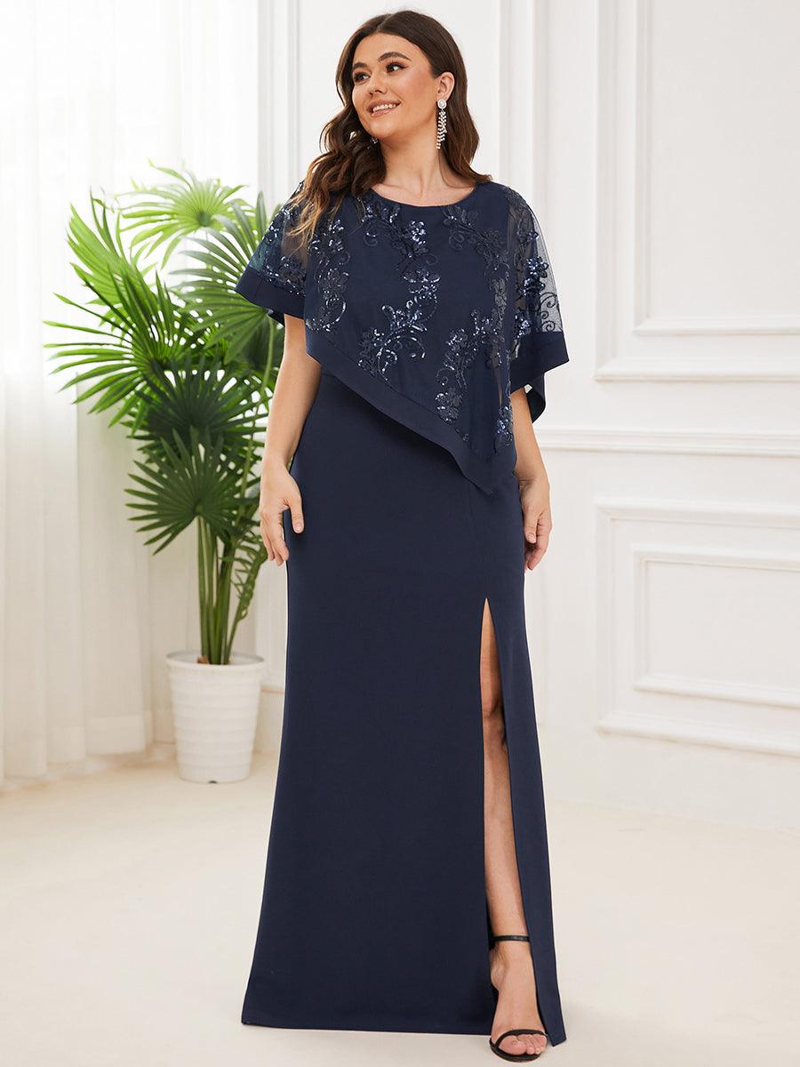 Robe de Mère de Mariée Asymétrique Cape Paillettes Grande Taille #Couleur_Bleu Marine