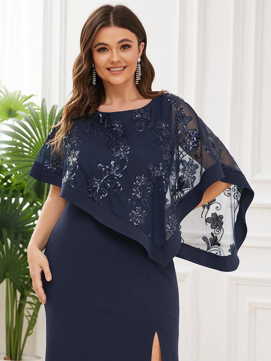 Robe de Mère de Mariée Asymétrique Cape Paillettes Grande Taille #Couleur_Bleu Marine