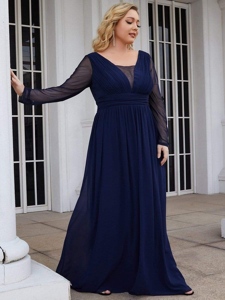 Robe de Mère de Mariée à Manches Longues et Col en V de Grande Taille