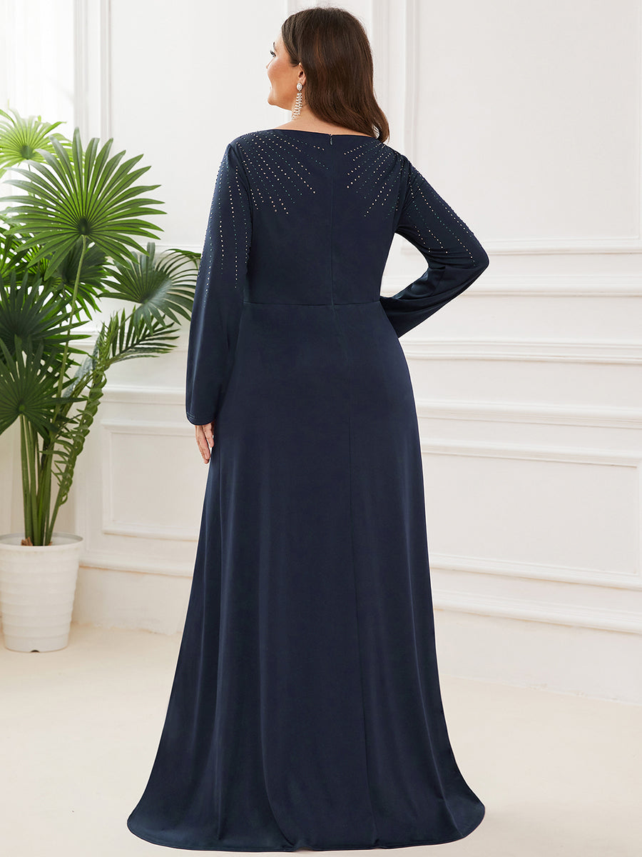 Color=Bleu Marine | Robe mère de la mariée à manches longues avec strass et longueur au sol-Bleu Marine 2