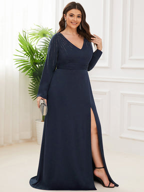 Color=Bleu Marine | Robe mère de la mariée à manches longues avec strass et longueur au sol-Bleu Marine 3