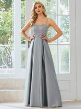 Robe de Bal en satin Bretelles fines Corsage à sequins #Couleur_Gris