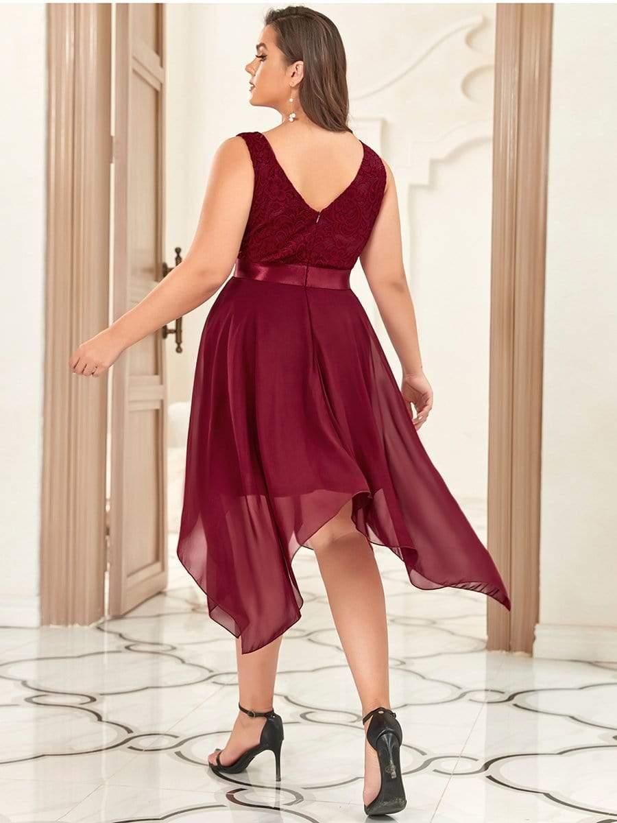 Robe de demoiselle d'honneur en dentelle et en mousseline de soie à col en V de grande taille #Couleur_Bordeaux