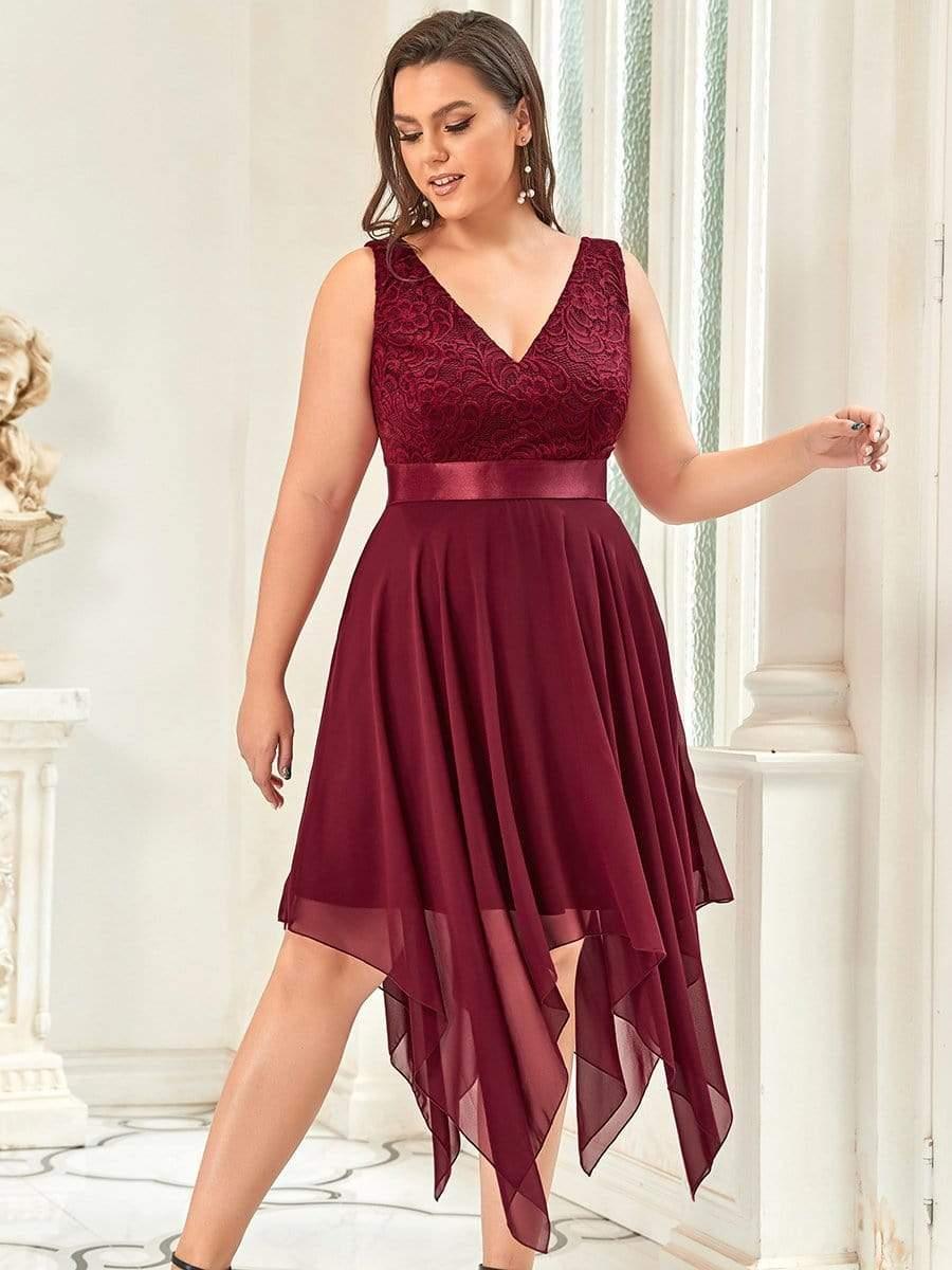 Robe de demoiselle d'honneur en dentelle et en mousseline de soie à col en V de grande taille #Couleur_Bordeaux