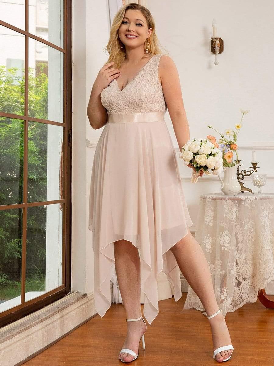 Robe de demoiselle d'honneur en dentelle et en mousseline de soie à col en V de grande taille #Couleur_Blush