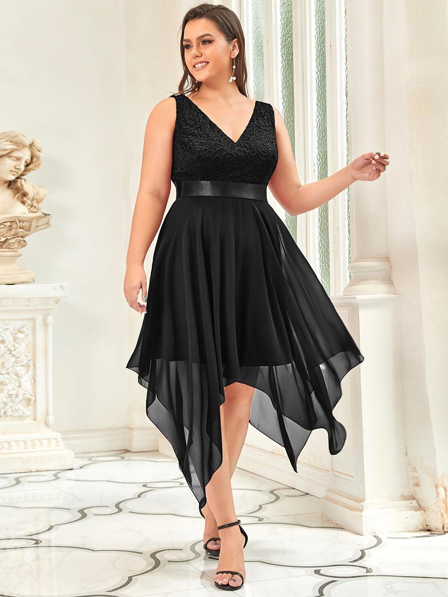 Robe de demoiselle d'honneur en dentelle et en mousseline de soie à col en V de grande taille #Couleur_Noir