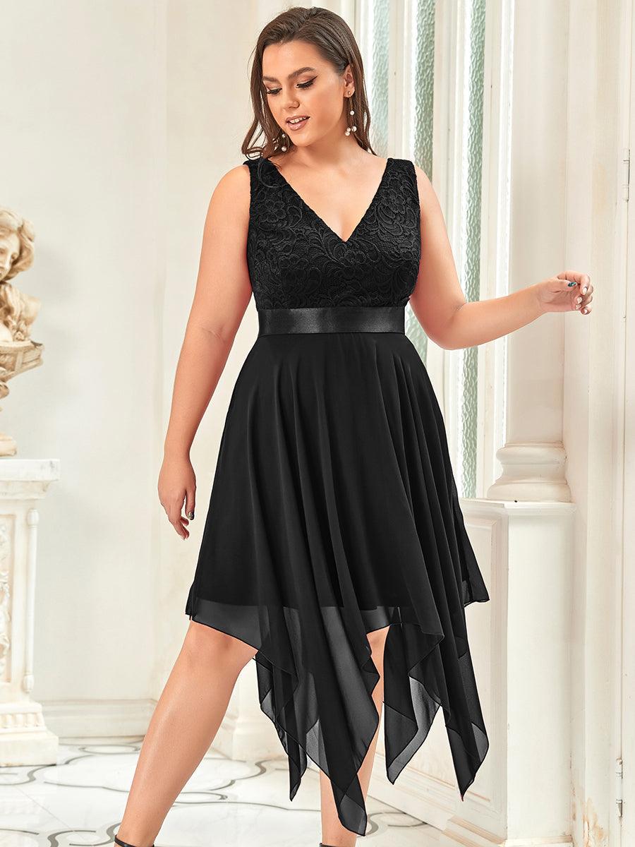 Robe de demoiselle d'honneur en dentelle et en mousseline de soie à col en V de grande taille #Couleur_Noir