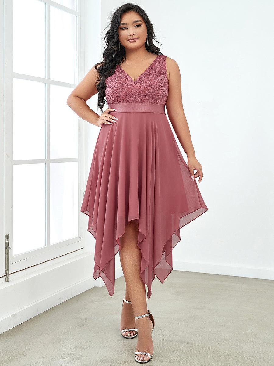 Robe de demoiselle d'honneur en dentelle et en mousseline de soie à col en V de grande taille #Couleur_Rose corail