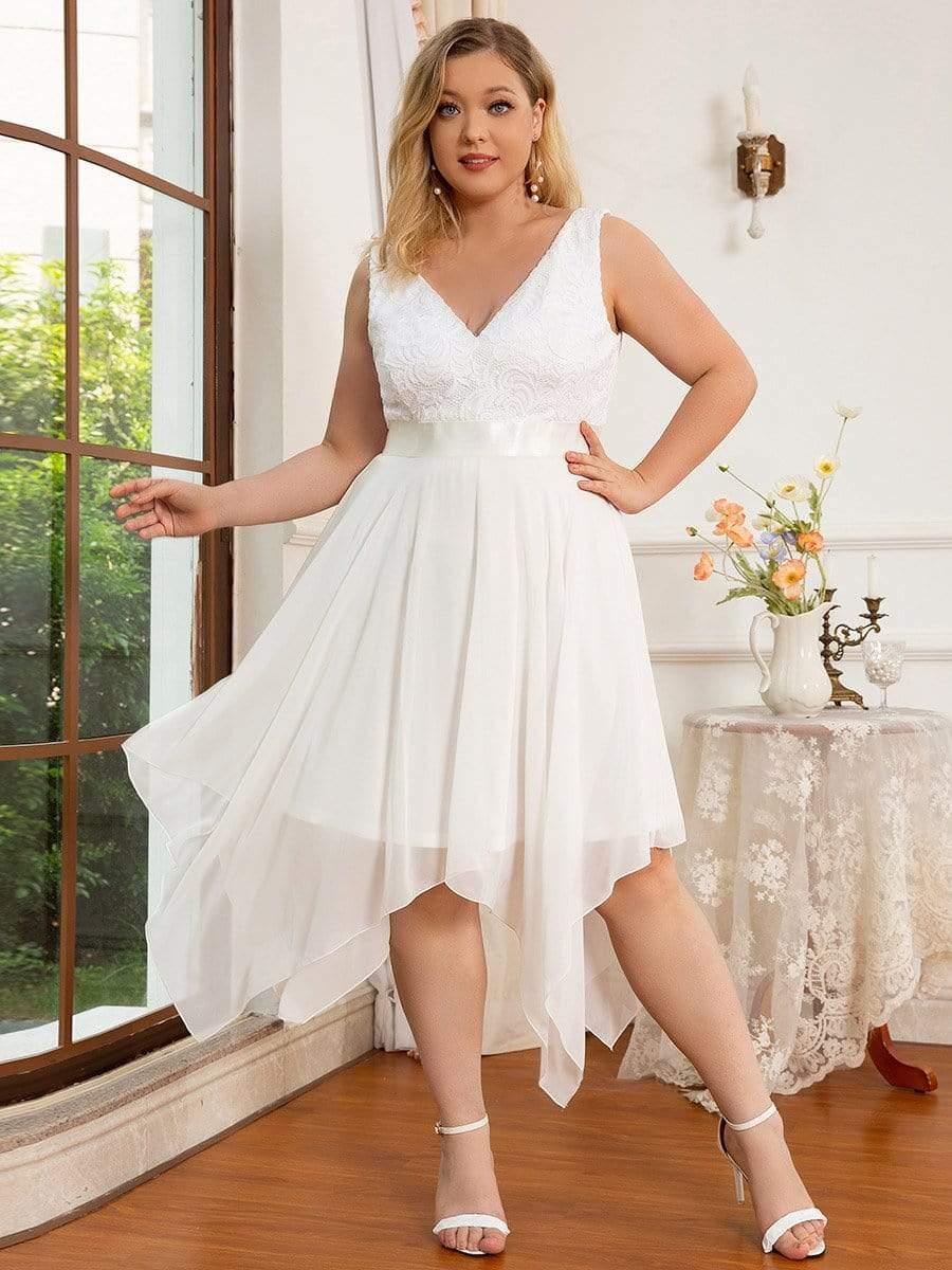 Robe de demoiselle d'honneur en dentelle et en mousseline de soie à col en V de grande taille #Couleur_Creme