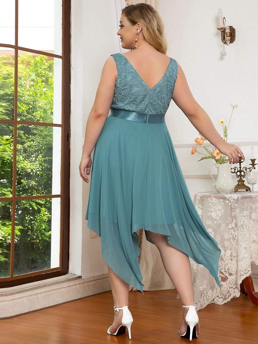 Robe de demoiselle d'honneur en dentelle et en mousseline de soie à col en V de grande taille #Couleur_Bleu Fume