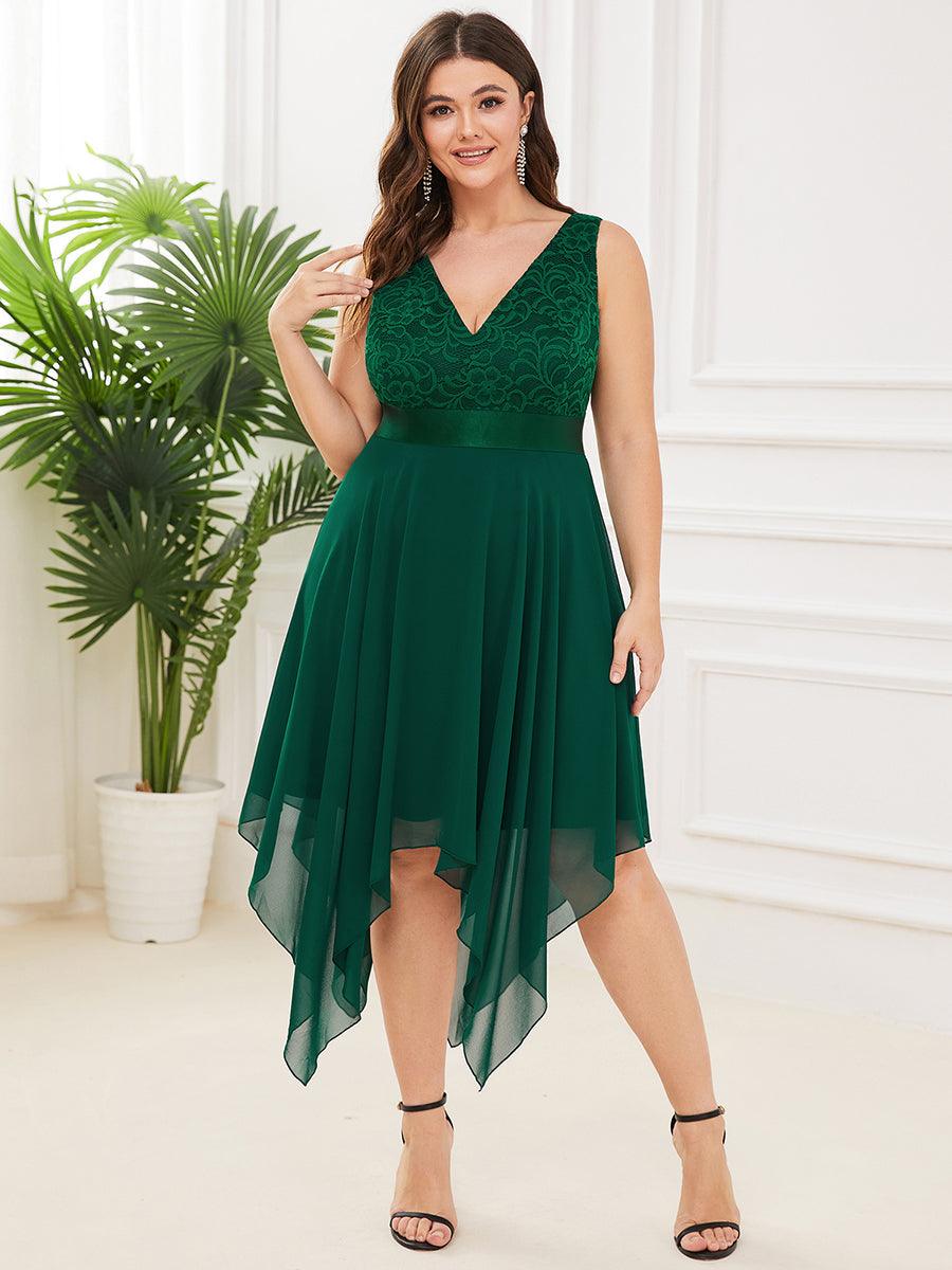 Robe de demoiselle d'honneur en dentelle et en mousseline de soie à col en V de grande taille #Couleur_Vert Fonce