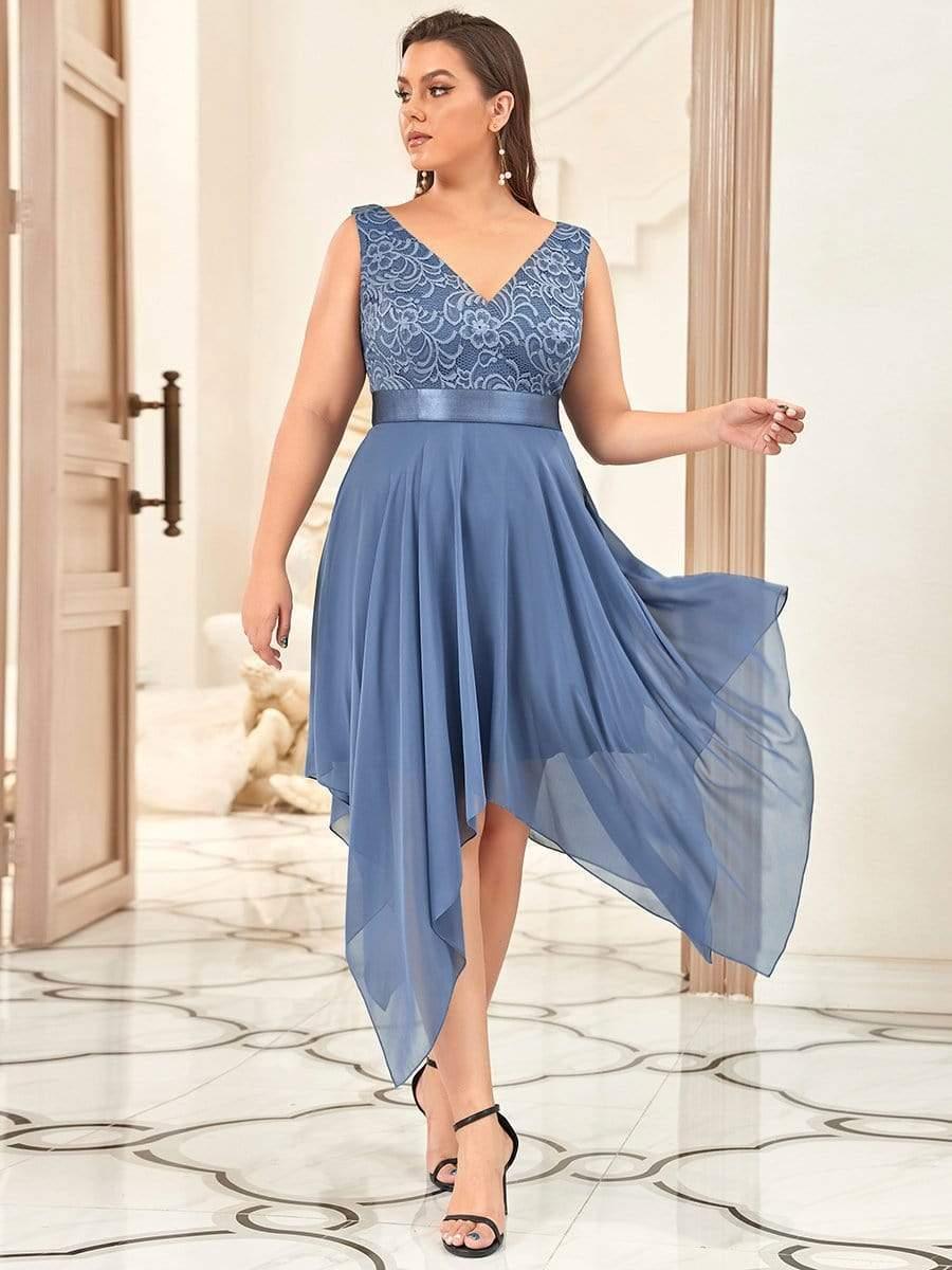 Robe de demoiselle d'honneur en dentelle et en mousseline de soie à col en V de grande taille #Couleur_Marine Fume